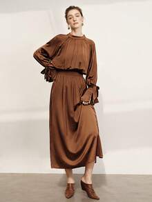 Aalyst Women's Chocolate Brown Satin Ruched Waist Flare Hem Long Sleeve Dress,Elegant Retro Chic Design For Autumn Tea Party,Christmas,Work,Vacation,Spring - Brown - View 4