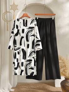 Rusticease 女士纯色圆领短袖上衣和印花阔腿裤套装，夏季两件套 - 彩色 - 查看 2