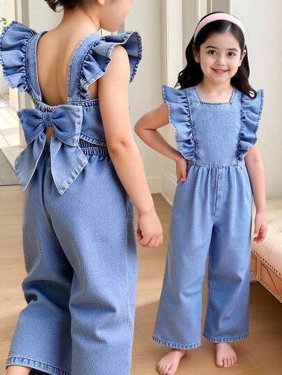 LMoss Kids Tuta di jeans ampia con fiocco arricciato blu per ragazze giovani