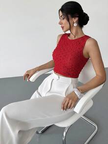 Firerie Women's Apricot Crew Neck Sleeveless Backless T-Shirt Top, Textured Fabric Top, Summer Top, Women's Casual Vacation Top - Red - View 2