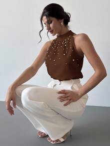 Firerie Elegant Sleeveless Collared Pearl Decor Fitted Blouse, Minimalist Style For Work, Spring/Summer - Coffee Brown - View 5