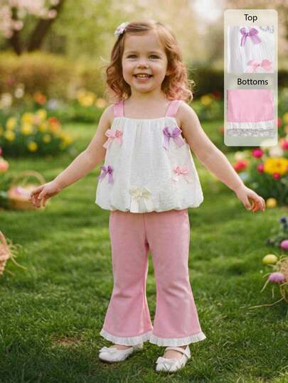SHEIN 2pcs Baby Girls Cute Bow Decor Sleeveless Camisole Top + Elastic Waist Ruffle Hem Bell-Bottom Pants Casual Pink Outfit, Suitable For Summer Daily Outings Or Travel