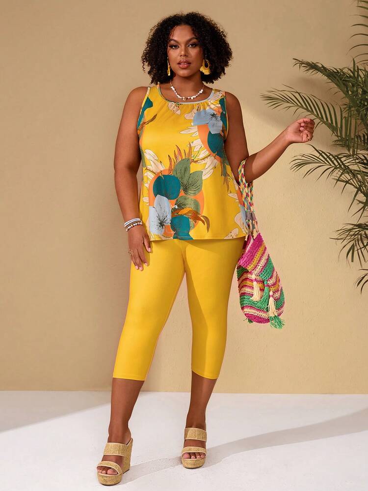 Plus Size Women Floral Print Round Neck Camisole And Leggings Casual 2 Piece Set For Summer/ Vacation Summer Outfits Summer Clothes  Spring  Spring Outfit Women Spring Clothes Beach Vacation Outfits For Women Bohemian 2 Piece Sets Woman Summer Summer Pant Set Capri Pants Set