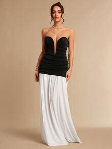 Silquee 夏季新款黑色性感深V领无袖连衣裙，收腰白色高开衩裙摆，优雅显瘦，适合外出、社交活动、度假、浪漫约会。 - 黑與白 - 查看 6