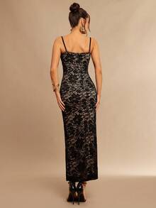 Silquee 蕾丝花卉图案性感紧身连衣裙 - 黑色 - 查看 2