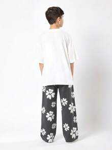 SUMWON 男童阔腿印花抽绳运动裤，弹性腰带，宽松休闲度假裤 - 深灰色 - 查看 5