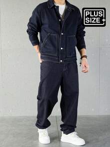 Manfinity Homme 加大码男士长袖单排扣牛仔夹克和牛仔裤休闲套装 - 深色水洗藍 - 查看 1