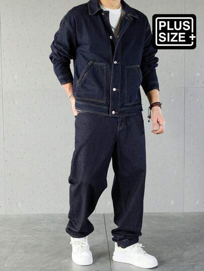 Manfinity Homme Plus Size Men's Long Sleeve Single-Breasted Denim Jacket And Jeans Casual Suit Men Navy Blue Denim 2 Piece Set