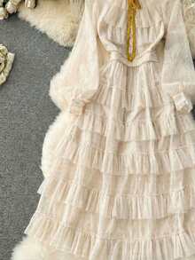 Franclia Ivory Polka Dot Mesh Tie-Up Multi-Layer Ruffle Hem Maxi Skirt - Beige - View 3