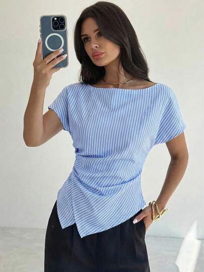 Firerie Şık ve Rahat Ekose Desenli Asimetrik Etekli Bluz, Günlük Kullanım, İşe Gidip Gelme, Şık İş Kıyafeti/Sonbahar Giyimi / Okula Dönüş / Öğretmen Kıyafeti / Dışarı Çıkarken Giyilebilecek Üstler / İş Gündelik Kadın Giyim / Çizgili Gömlek / İş Gündelik Kadın Giyim / Öğretmen Gömleği