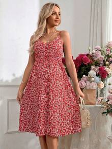 可调节肩带修身及膝孕妇连衣裙，浪漫假日 - 紅色 - 查看 3