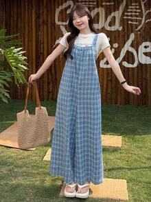 DAZY Women's Plaid Casual Washed Checkered Print Denim Bib Pants - Medium Wash - View 1