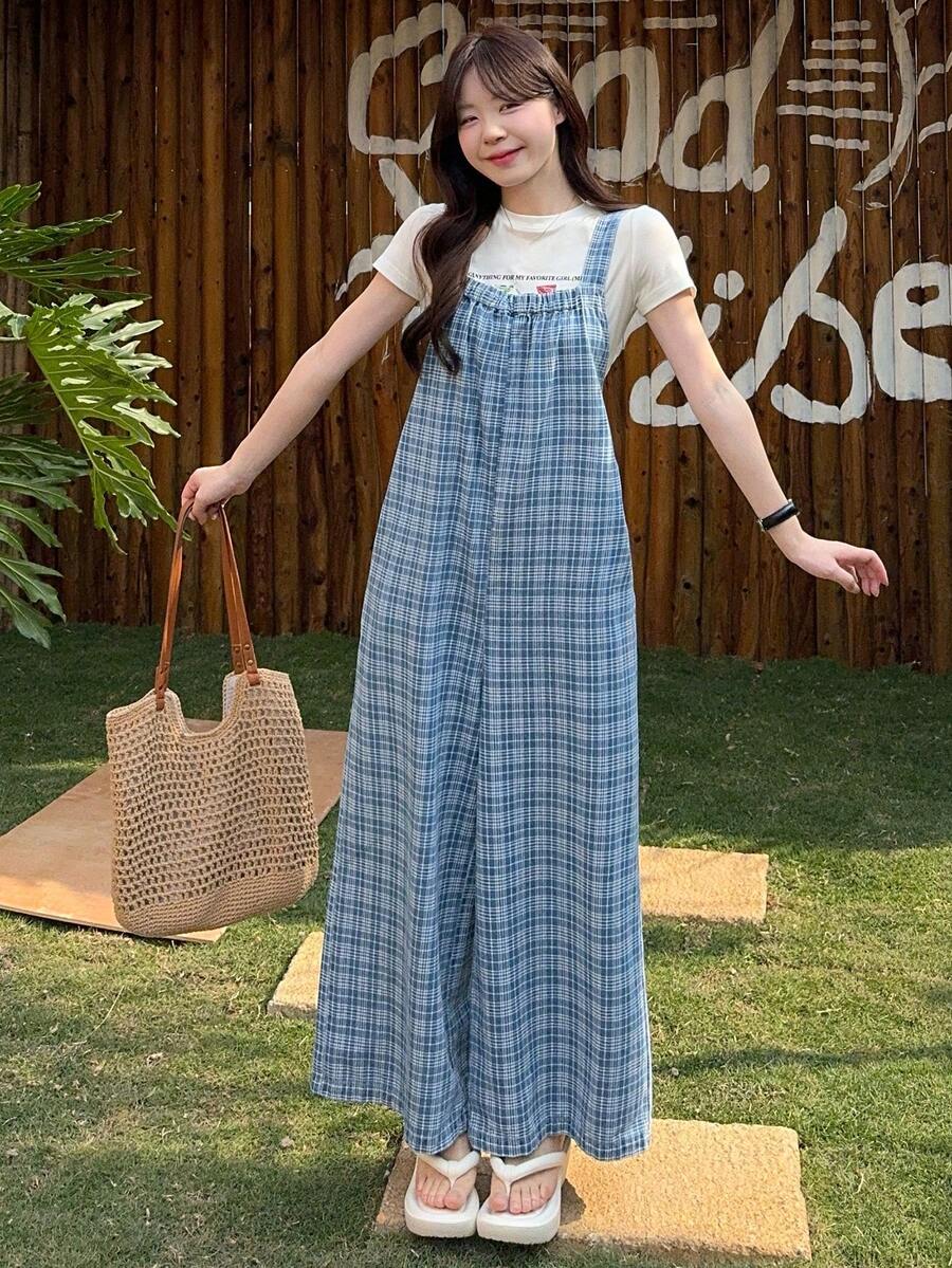 DAZY Women's Plaid Casual Washed Checkered Print Denim Bib Pants - Medium Wash - View 1