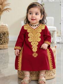 女婴可爱优雅复古酒红色连衣裙，饰有金色蕾丝印花，适合春夏及节日场合 - 彩色 - 查看 2