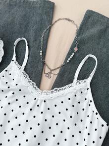 SHEIN 少女白色波点蕾丝边吊带背心，休闲可爱叠穿背心，春夏款 - 白色 - 查看 3