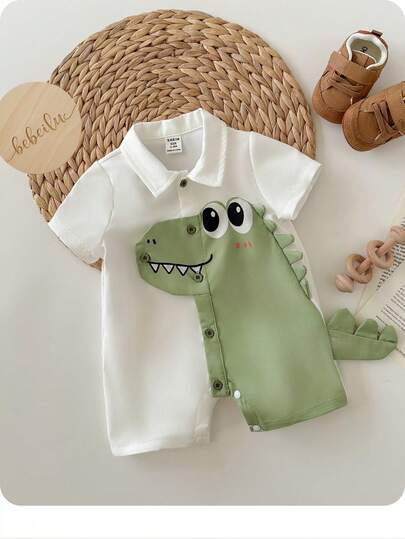 Cartoon Dinosaur Print Polo Collar Short Sleeve Romper Shorts, Casual Versatile For Baby Boys & Girls