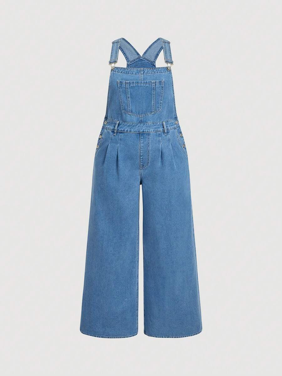 Sweetra Plus Size Casual Versatile Wide Leg Loose Denim Bib Pants - Light Wash - View 1