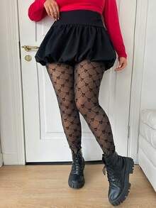 SHEIN CURVE+ Plus Size Black Sexy Semi-Sheer Mesh Fabric Heart Geometric Pattern Long Leggings - Black - View 6