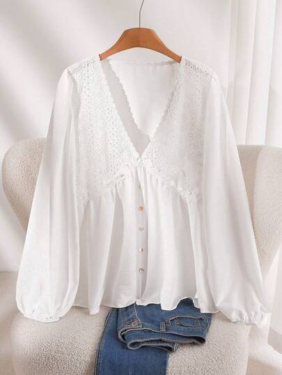 CosyJoli 大码女式花卉蕾丝边衬衫，可爱女士衬衫，荷叶边领长袖上衣，春夏款