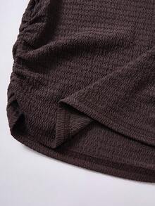 SHEIN Tween Girl Solid Brown Textured Knit Side Ruched Short Sleeve Fitted T-Shirt And Wide Leg Pants Casual 2-Piece Set - Brown - View 6