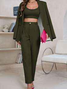 Aveloria Modichic 纯色长袖西装外套，带口袋 - 橄欖綠 - 查看 7