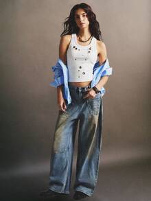 Easelle 休闲复古交叉露背设计紧身腰部运动背心，女士背心，女士背心，复古风背心，做旧上衣 - 白色 - 查看 2