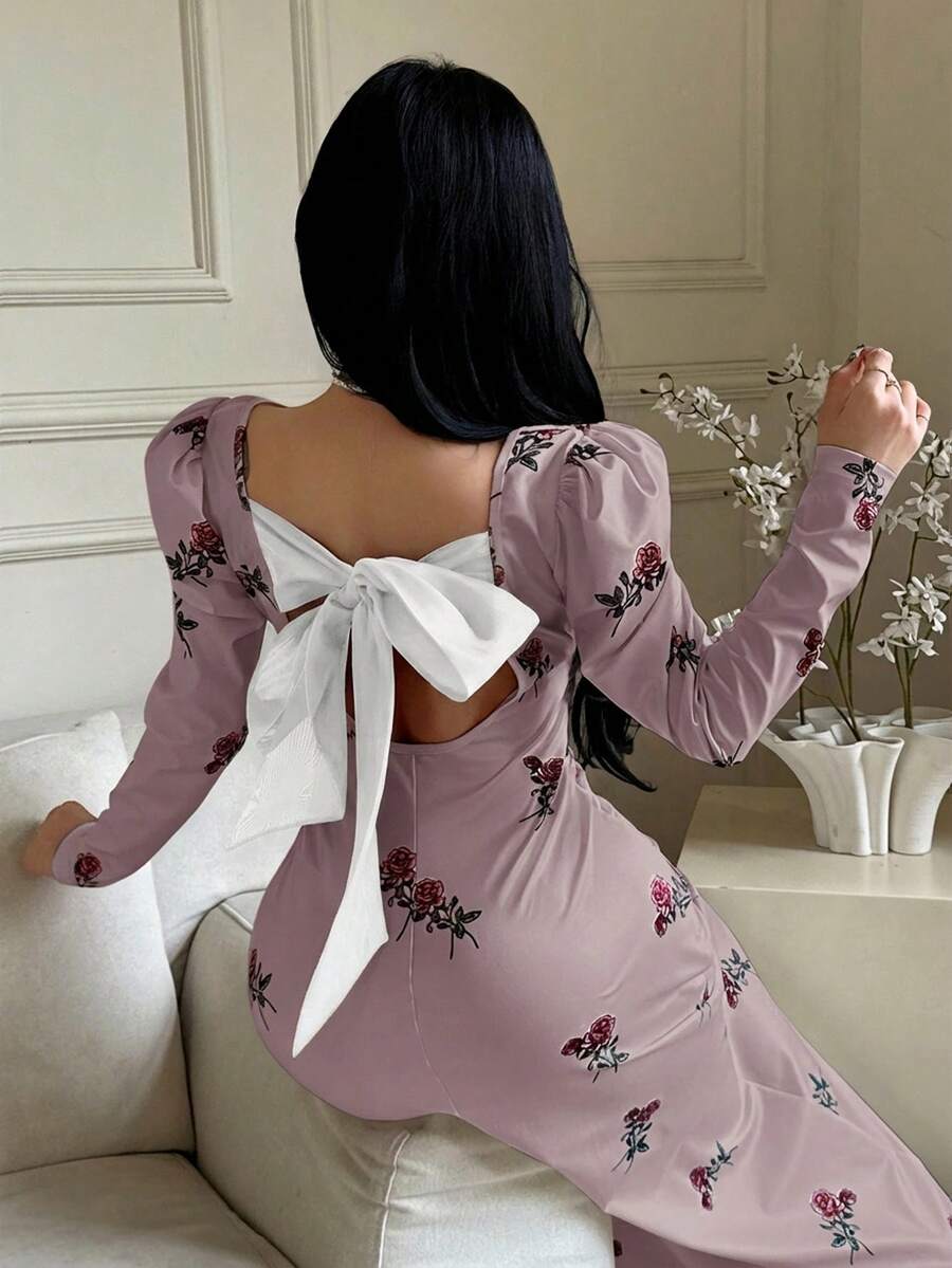 Feyla 女士印花方领泡泡袖修身中长连衣裙,优雅 - 粉色 - 查看 1