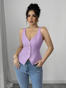 Elenzga Women's Summer Minimalist Front Button Fitted Camisole - Mauve Purple - View 4