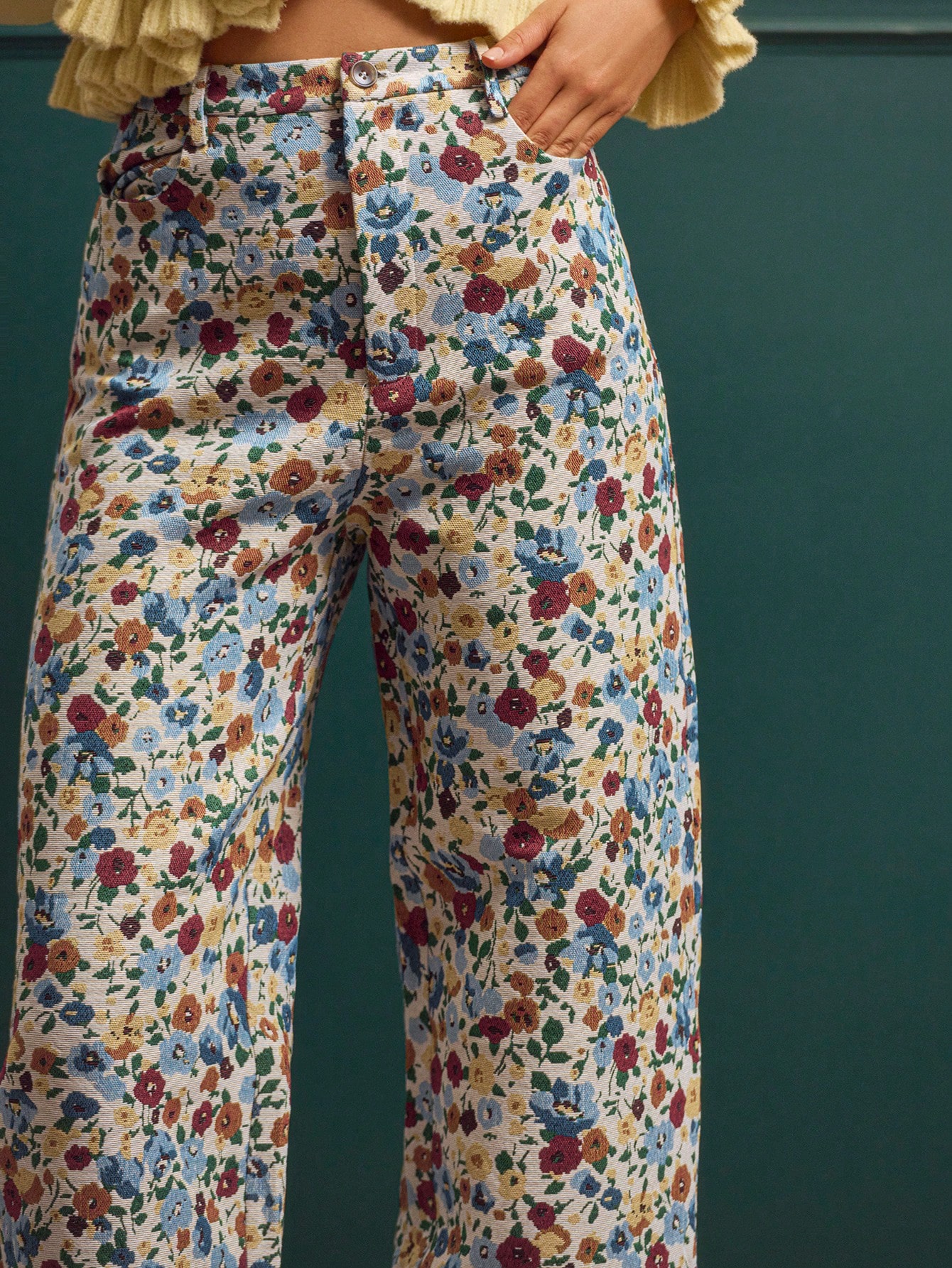 Vintage Style Floral Jacquard High Waisted Wide Leg Trousers Going Out Flower Pants Spring Summer French Style Parisian Style Office Outfit Vacation Outfit