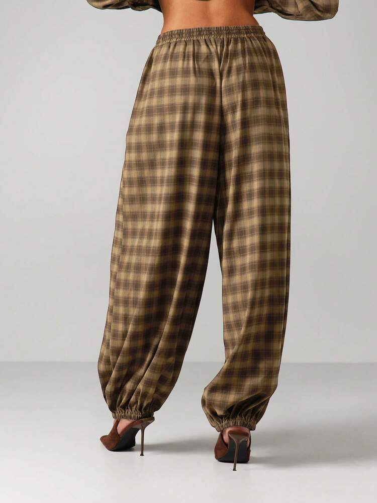 MISSGUIDED Women's Checkered Wide Leg Palazzo Balloon Pants High Waist Casual Fall Winter Comfortable Loose Fitting