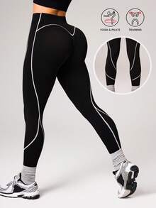 Dewbera 1 chiếc quần legging nữ không đường may, cạp cao, phối sọc tương phản, thích hợp cho chạy bộ, tập thể dục, yoga. - Đen và trắng - Xem 1