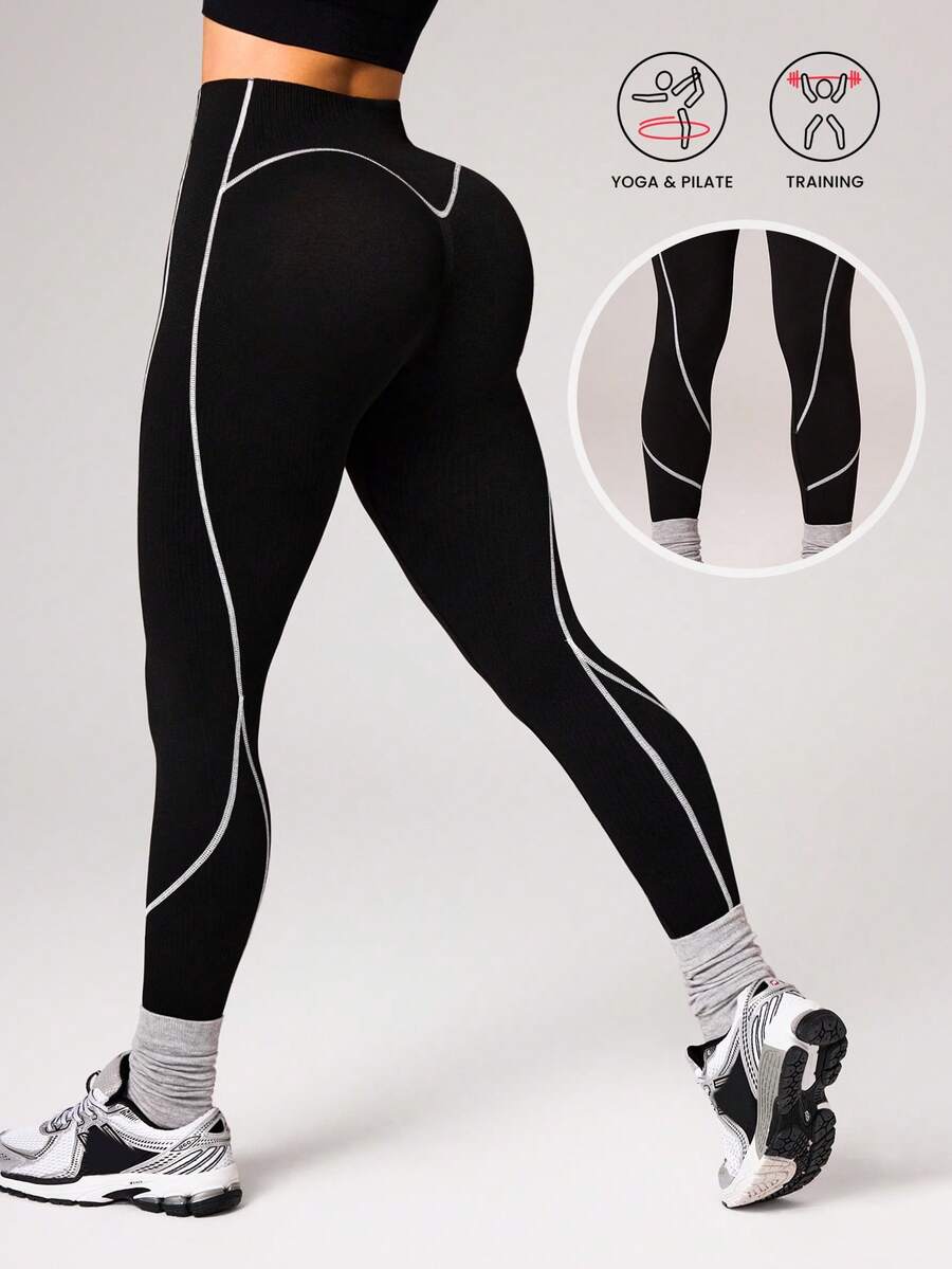 Dewbera 1 chiếc quần legging nữ không đường may, cạp cao, phối sọc tương phản, thích hợp cho chạy bộ, tập thể dục, yoga. - Đen và trắng - Xem 1