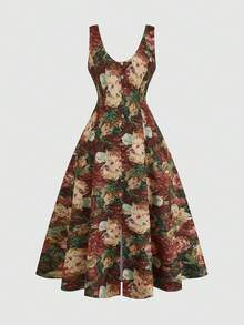 Sweetra Plus Size Women's 1950s Vintage Floral Print Brocade Jacquard Dress,Elegant Waist Cinched Brown Polka Summer Picnic Garden Party Formal Date Dress - Multicolor - View 1