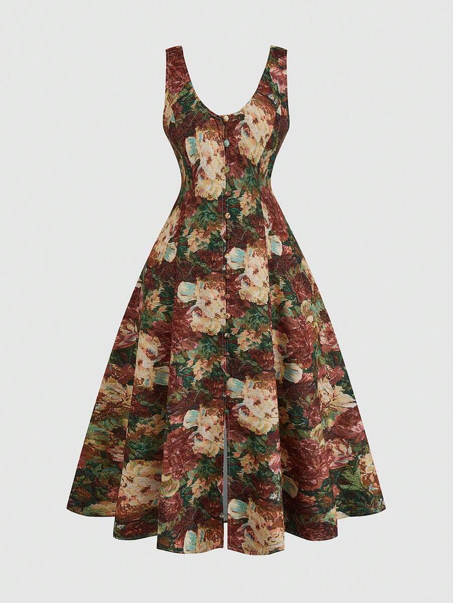 Sweetra Plus Size Women's 1950s Vintage Floral Print Brocade Jacquard Dress,Elegant Waist Cinched Brown Polka Summer Picnic Garden Party Formal Date Dress - Multicolor - View 1