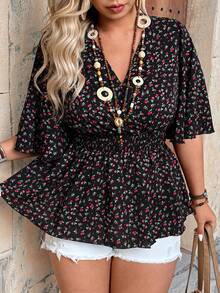 Ceyna 大码V领交叉喇叭袖短袖蝴蝶袖松紧腰宽松下摆女式衬衫 V领女式衬衫 女士夏季衬衫 波西米亚风衬衫 波西米亚风女式上衣 碎花上衣 樱桃图案女式上衣 波西米亚风女装上衣 波西米亚风女式衬衫 波西米亚风夏季上衣 - 黑色 - 查看 5