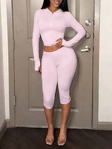 Slaydiva 新款春夏音乐节情人节复活节休闲简约基础款Y2K街头甜美网红热销日常约会辣妹风性感运动风连帽拉链长袖修身上衣+七分裤骑行裤V腰后中褶柔粉色套装女装两件套 -A - 淺粉色 - 查看 5