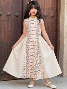 SHEIN الملابس التقليدية العربية	Tween Girl Collared Geometric Print Ruffle Casual Everyday Dress - Apricot - View 1