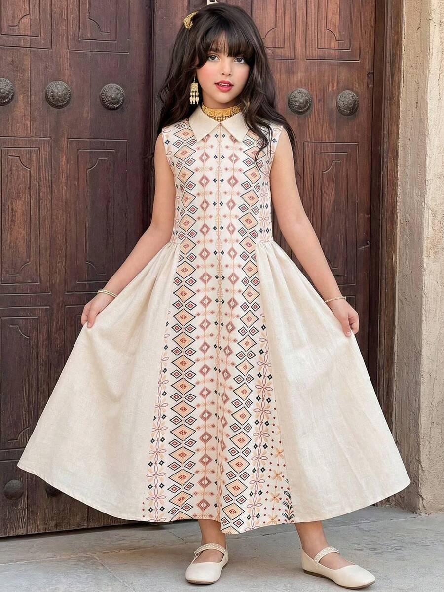 SHEIN الملابس التقليدية العربية	Tween Girl Collared Geometric Print Ruffle Casual Everyday Dress - Apricot - View 1