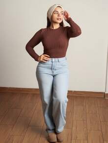 Lupita Cardoza 女士纯色圆领长袖休闲罗纹连体衣 - 巧克力棕 - 查看 6