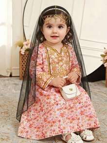 SHEIN 女嬰 Jalabiya Abaya 粉橘色秋季優雅生日兩件套，附網紗髮箍，阿拉伯傳統長袖碎花洋裝 - 黃色 - 查看 3