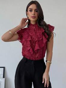 Firerie Áo kiểu nữ thanh lịch, tối giản, tinh tế, lãng mạn, thích hợp mặc đi làm hàng ngày, dự tiệc Valentine, đi nghỉ mát, nhiều lớp bèo nhún, cài nút, chất liệu vải có họa tiết, không tay, dáng rộng, mỏng nhẹ, màu mơ. - Màu Đỏ Sâu - Xem 4