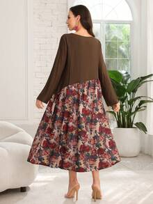 Lacomfia 女士休闲印花拼接纯色圆领长袖宽松常规中长连衣裙，春秋季款 - 彩色 - 查看 2