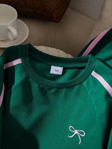 2件套女童休闲蝴蝶结刺绣撞色滚边插肩袖圆领短袖T恤和裤子套装，常规厚度，适合日常穿着、外出、上学、聚会，适合8-12岁女孩，春夏款。 - 綠色 - 查看 6