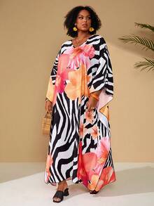 BrightlyHer Plus Size Women's Summer Casual Vacation  Zebra & Floral Print Loose Dress,  Summer Holiday,Spring Break Outfits ,Vacation Outfits Women ,Holiday Outfits For Women,Spring Dress Women,Going Out Outfits,2026 New Clothes,Simple And Fashionable For Everyday Wear,Casual Vacation Boho Top,Dresses For Women,Flowy Dress,Holiday Outfits Boho Plus Size Resort Wear Plus Size Hawaiian Dress Tropical Dress Plus Size Animal Print Plus Size - Multicolor - View 2