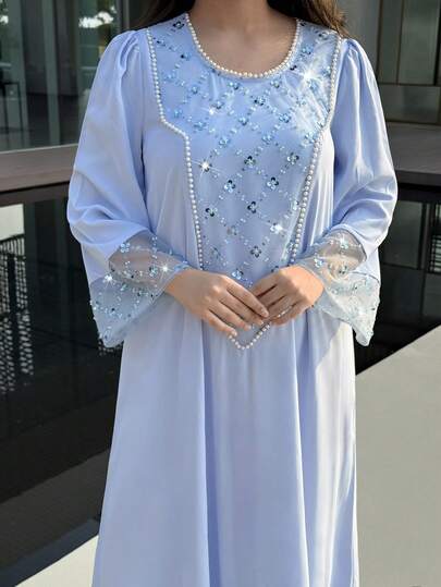 Yasmyna Women's Elegant Sequin Mesh Patchwork Beaded Decorated Arabic Style Dress