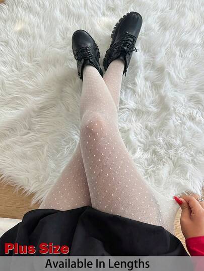 SHEIN Tall CURVE Plus Size Women's Valentines Clothes,Lace Pants,Black Heart Dot Print Mesh See-Through Leggings, Casual Everyday Wear,