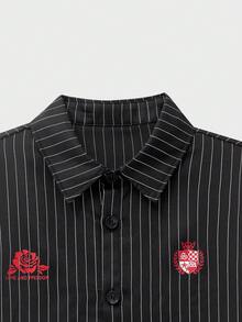 Manfinity VCAY 男士时尚条纹印花休闲纽扣长袖衬衫 - 黑與白 - 查看 4