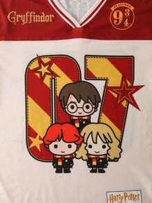 HARRY POTTER X SHEIN Áo thun nữ dáng rộng cổ chữ V phối màu tương phản, phong cách thường ngày đường phố, in hình hoạt hình và số, thích hợp cho mùa hè. - Màu be - Xem 5