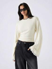 LYSMO 新款极简春夏女装，圆领落肩长袖撞色蕾丝时尚T恤，米色喇叭袖上衣，灰色长袖上衣 - 米色 - 查看 4