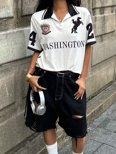 Coolane Women's Summer Back To School Preppy Club Outfits Casual Letter & Number Print Short Sleeve T-Shirt